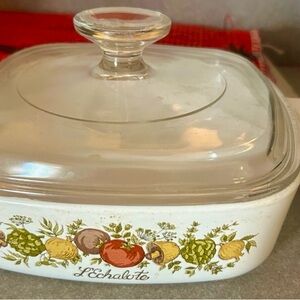 Corningware White Casserole with Vegetable Motif and Glass Lid